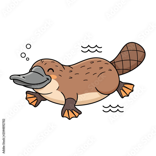 Cute cartoon platypus swimming in water, vector illustration, kawaii animal
