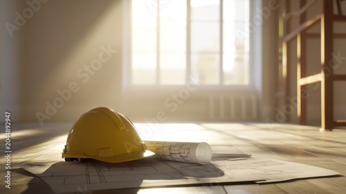 Bright renovation project: a yellow hardhat and blueprints rest in a sunlit room