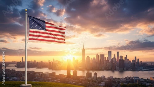 National flag of united states waving on the wind in front of a beautiful panorama of new york