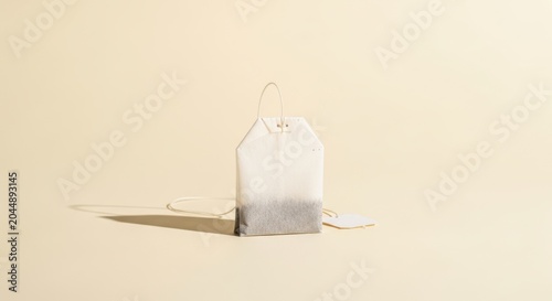 Tea bag on beige background with string and label