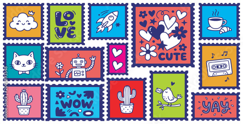 Collection of cute and colorful postage stamps with various illustrations like clouds, love, rockets, cats, robots, and plants.