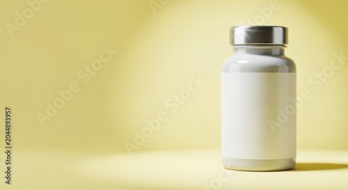 White medicine bottle with silver cap isolated on yellow background