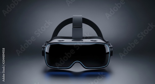 Black virtual reality headset on dark background with blue accents