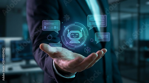 Business professional holding a glowing digital chatbot interface with customer service communication bubbles