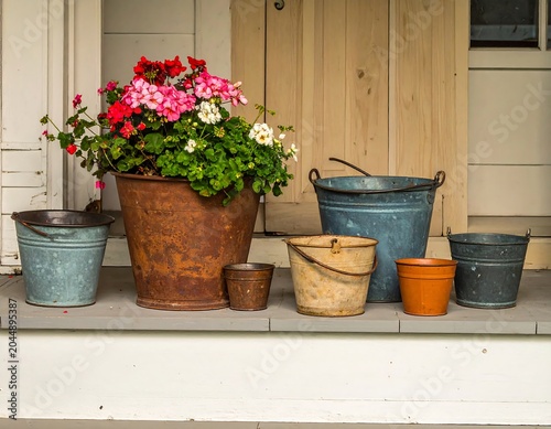 A serene display of rustic pots and a vibrant flower arrangement on a wooden porch