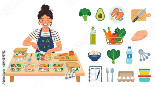 Happy woman preparing healthy meal prep for the week, organizing fresh food into containers on a kitchen table.