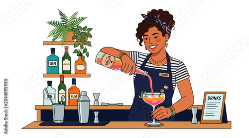 Home Bar Counter with Liquor Bottles Plants and Cocktail Barware Tools in Flat Illustration Style for Mixology