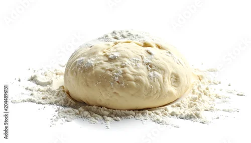 Fototapeta na wymiar Close-up of a ball of dough resting on a bed of flour, ready for baking.  A bright, clean studio shot on white