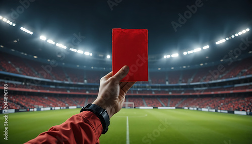 Referee holding red card in a soccer stadium at night hand