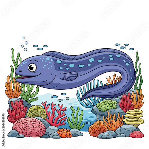 Happy Purple Moray Eel Swimming in Vibrant Coral Reef, Cartoon