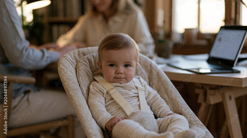 Fototapeta premium Infant in a bouncy seat placed beside a standing desk while parent works remotely above, baby monitor app open on a secondary tablet, parent glancing down warmly between typing