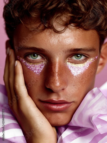 Editorial model portrait in pink and red styling with dramatic texture. Ideal for couture branding, magazine design, and social media ads.