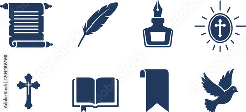 Set of eight religious and historical icon symbols featuring scroll parchment quill pen cross book banner dove sun