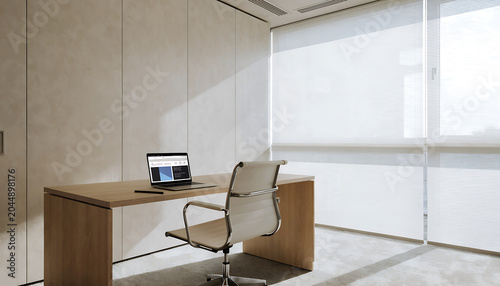 фотографія office workspace scene with minimalist desk setup chair laptop computer