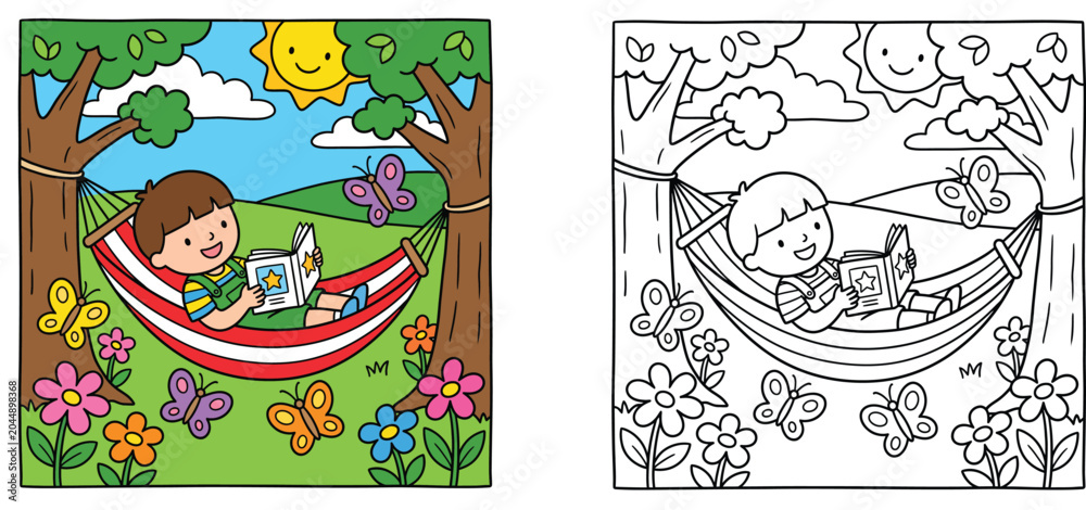Fototapeta premium Children coloring page vector set with a cartoon boy reading a book in a hammock outdoors between trees with butterflies and flowers