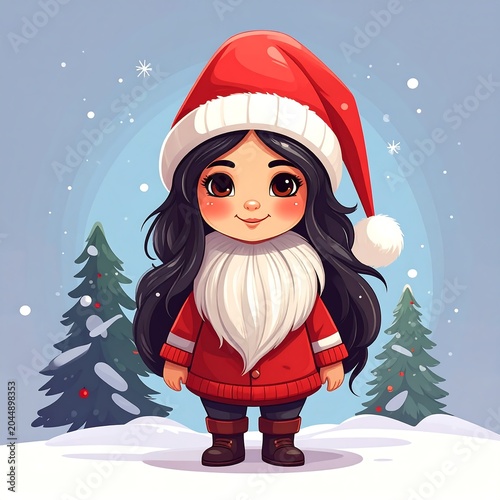 A cartoon girl with long dark hair and a white beard wearing a red Santa hat and coat
