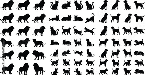 Photography Lion Cat and Dog Silhouette Collection with Multiple Animal Poses Vector Icon Se