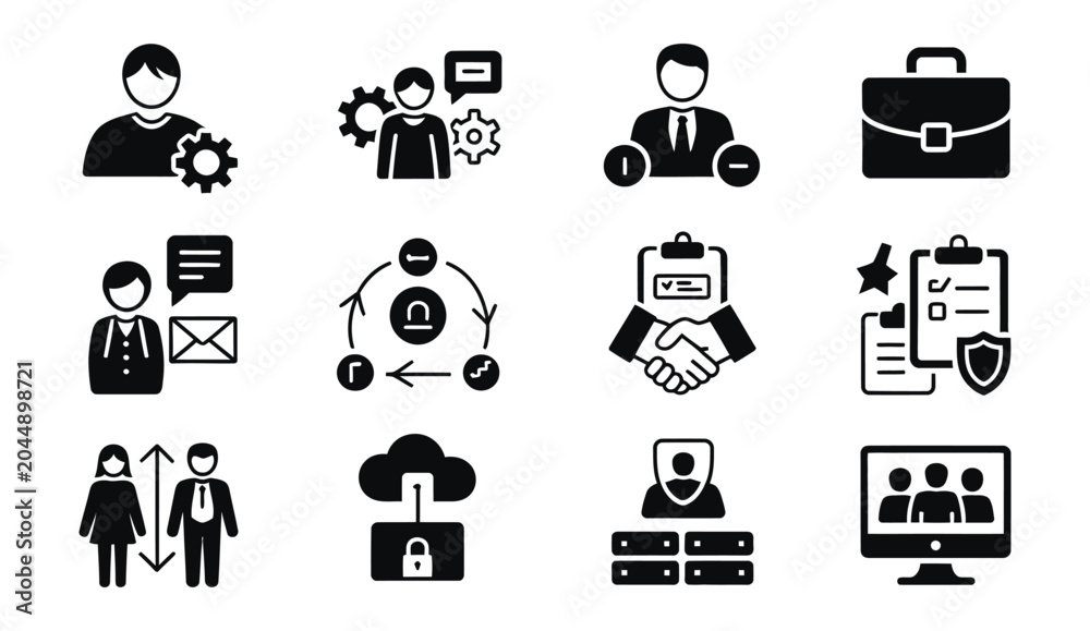 Fototapeta premium User Management Secure Cloud Business Performance icon set featuring Collaboration, Analytics and Data Security symbols for Enterprise solutions.