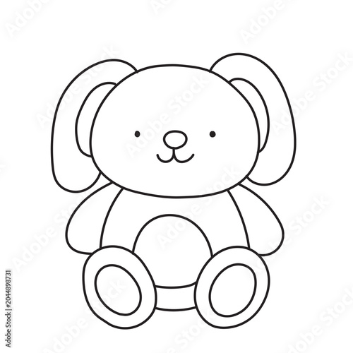 Cute plush bunny rabbit toy sitting down for children coloring page bold line vector illustration