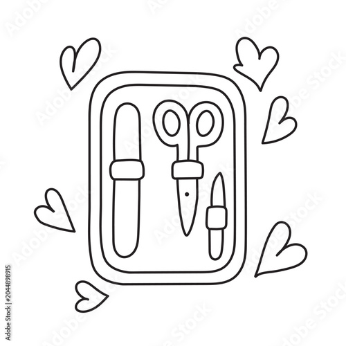 Manicure set with scissors and nail file for coloring page, simple hand drawn vector illustration