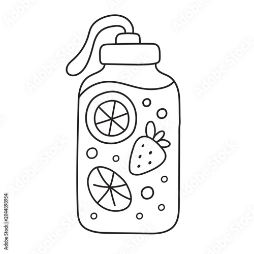 Refreshing fruit infused water bottle for coloring page, bold hand drawn vector line art illustration