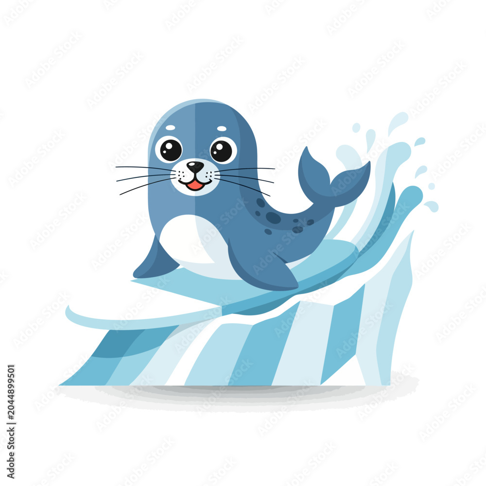 Obraz premium Cartoon Seal Surfing on Iceberg with Water Splashes