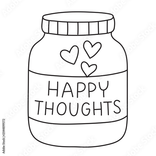 Simple hand drawn happy thoughts jar illustration for a relaxing adult coloring book page design