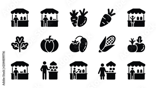 Fotografija Set of 15 Black Market Stall and Vegetable Icons Vector