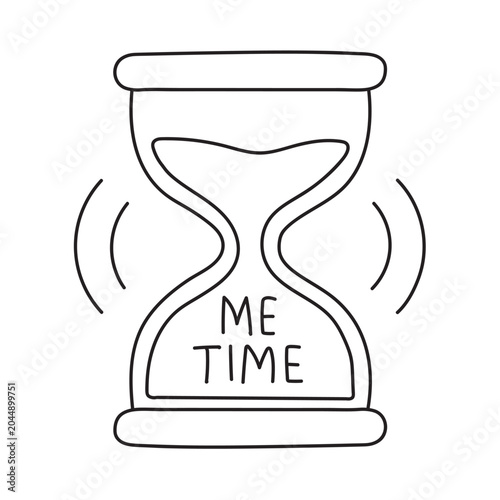 Hand drawn hourglass with me time text for adult coloring book page simple bold line art illustration
