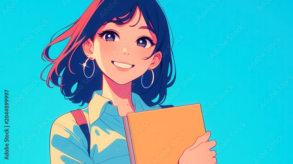 Fototapeta premium Anime-inspired city pop illustration featuring a confident teacher with educational materials, vibrant colors and bold outlines, embodying a cheerful academic atmosphere.