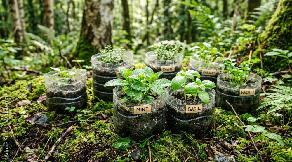 Obraz premium Seedlings in repurposed plastic bottles growing in a lush green forest, showcasing sustainable gardening and environmental consciousness.