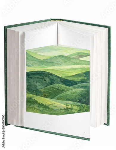 Open book reveals vibrant watercolor landscape of rolling green hills