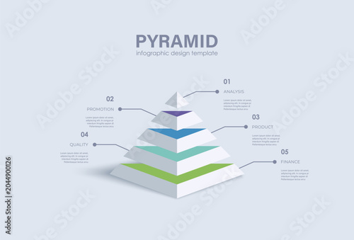 3D pyramid block layers business infographic template with five steps. White triangular pyramid with bright accents