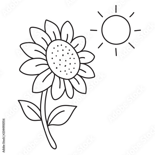 Sunflower and sun hand drawn vector illustration for bold and easy coloring page for kids and adults