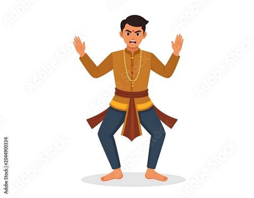 A cartoon man with dark hair and brown shirt dancing