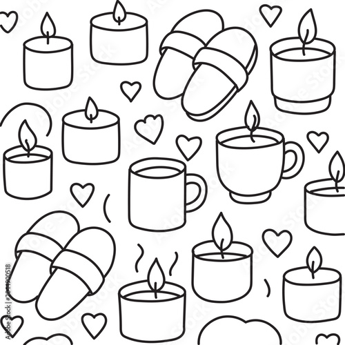 Cozy relaxation pattern with candles slippers and hearts hand drawn vector coloring page design