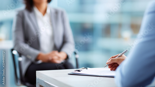 Professional lawyer listening carefully to client during consultation, blurred office background, documentary style realism