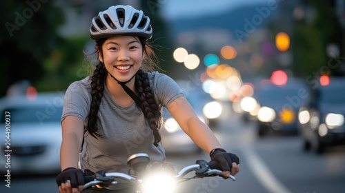 Enthusiastic asian cyclist on urban streets, radiating joy while navigating city streets at dusk