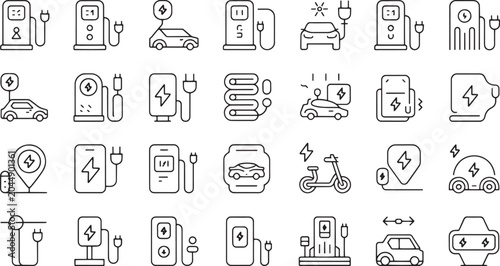 Electric vehicle charging station and smart EV transportation outline icon set with hybrid cars electric scooter batteries power plugs and location pin elements