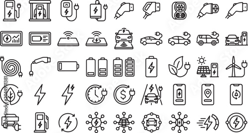 Electric vehicle charging station and eco transport line icon set with EV car battery plug solar panel wind turbine and renewable energy outline symbols vector illustration