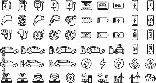 Electric vehicle charging infrastructure and renewable eco energy outline icon set with EV cars battery percentage power plugs connectors mobile apps and wind turbines