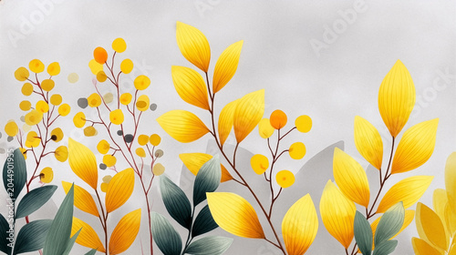 Green and yellow leaves branch border background, botanical illustration with elegant floral frame elements