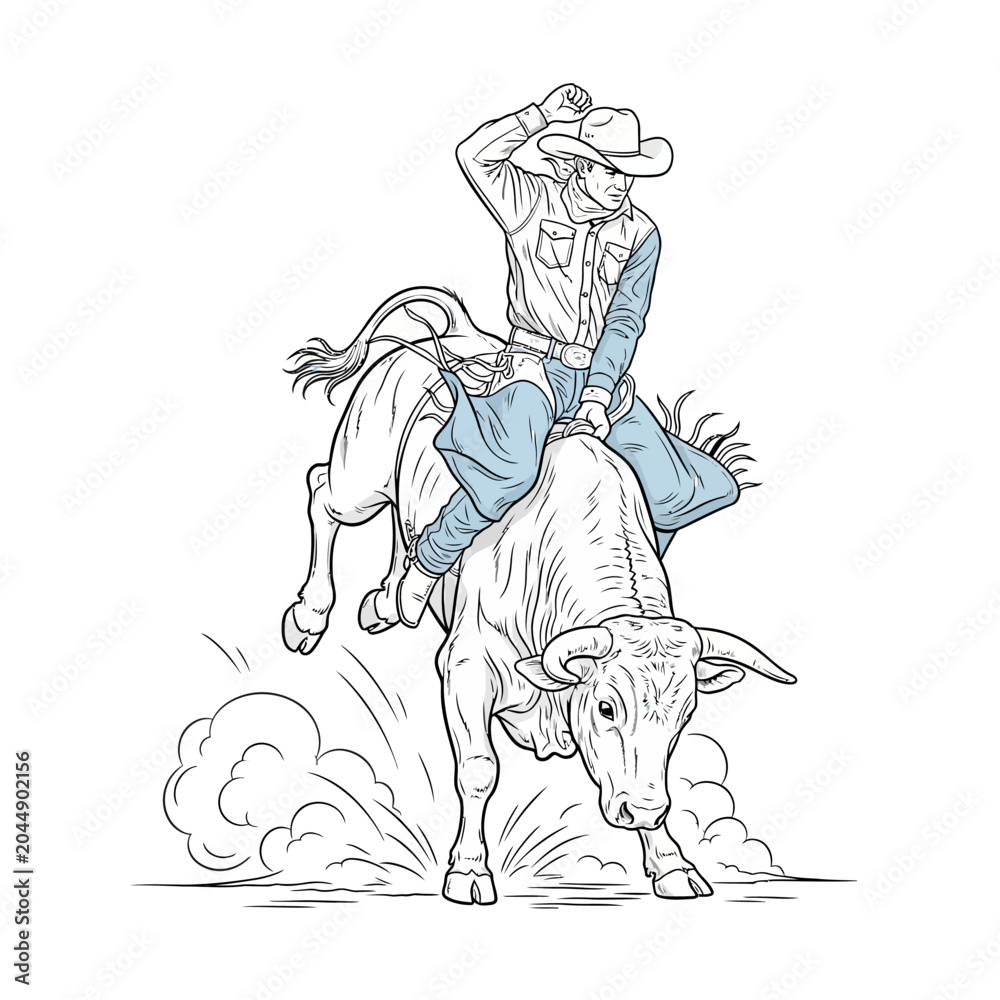Fototapeta premium Cowboy Riding Bull in Rodeo Action, Line Art Illustration
