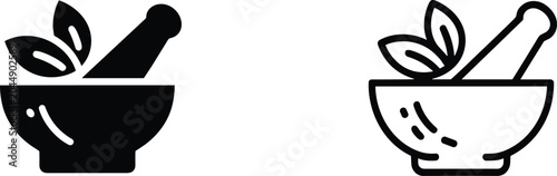 Bild auf Leinwand Two Mortar and Pestle Icons with Leaves in Black and White Line Art grinding cru
