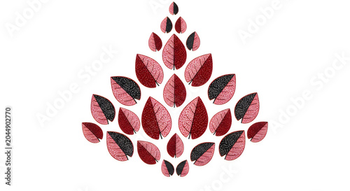 Vibrant red and black leaves form a triangular pattern.