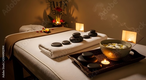 Spa massage table with black stones and warm candles in a calm wellness center room