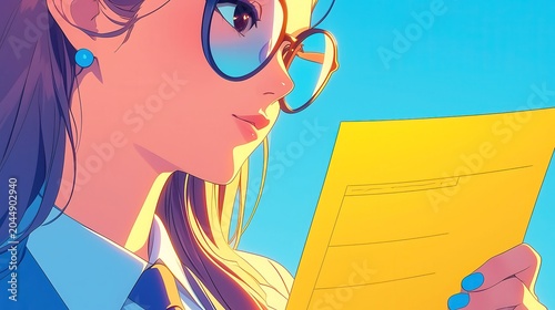 City Pop Strategy, vibrant female marketing manager showcasing business strategy documents in a retro anime style, bold outlines, solid colors, emphasizing corporate growth and advertising.