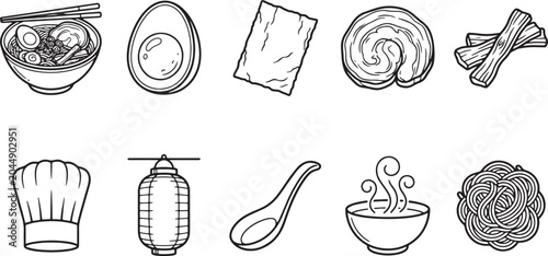 Japanese ramen noodle ingredients and restaurant culture line icon set with ramen bowl boiled egg nori seaweed chashu pork bamboo shoots chef hat paper lantern spoon hot soup and raw noodles vector il