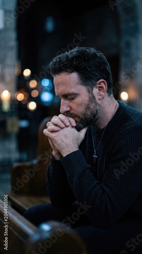 Young Man in Prayer with Bokeh City Lights Background and Emotional Faith Concept