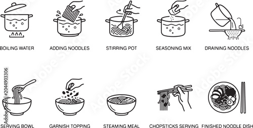 Instant noodle cooking instructions and step by step recipe line icon set with boiling water adding noodles stirring pot seasoning mix draining serving bowl garnish topping chopsticks serving and fini